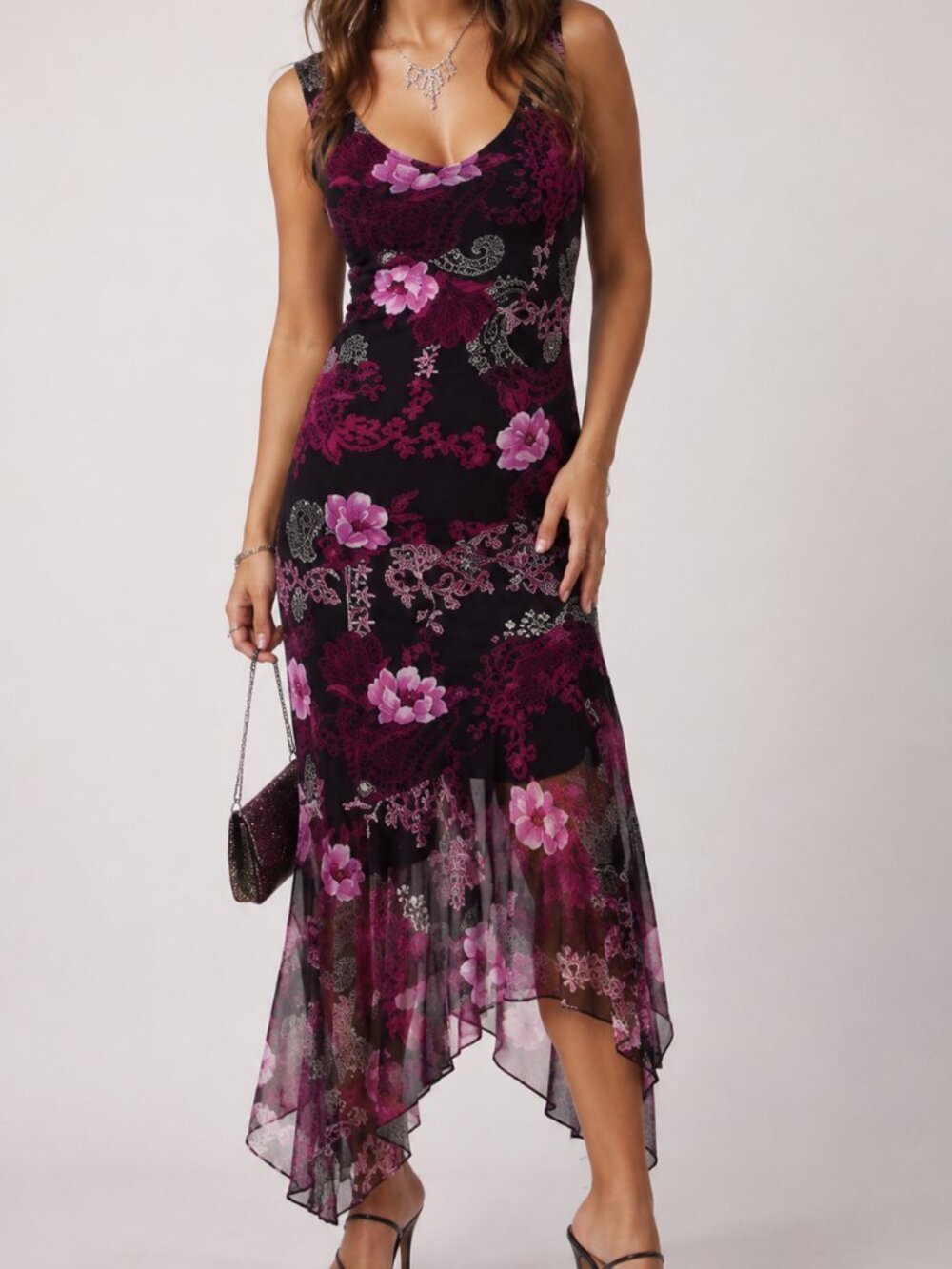 Vintage Y2K Floral Asian Maxi Dress Medium Asymmetrical Fitted Sheer Mesh Fairy